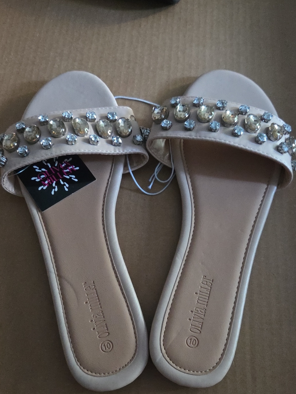 Olivia Miller Nude Jeweled Slide Sandals with Gold and Crystal Accents